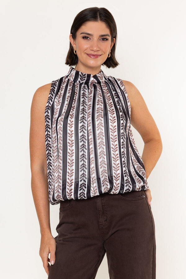 Carraig Donn Black & Beige Print Chiffon Balloon Hem High Neck Sleeveless Top