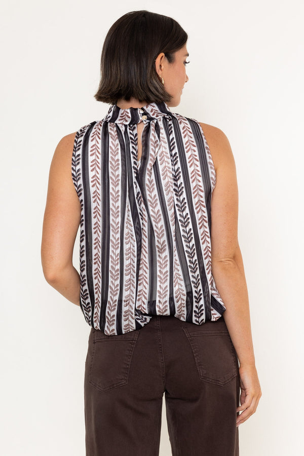 Carraig Donn Black & Beige Print Chiffon Balloon Hem High Neck Sleeveless Top