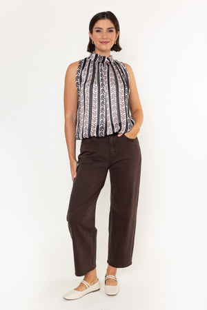 Carraig Donn Black & Beige Print Chiffon Balloon Hem High Neck Sleeveless Top