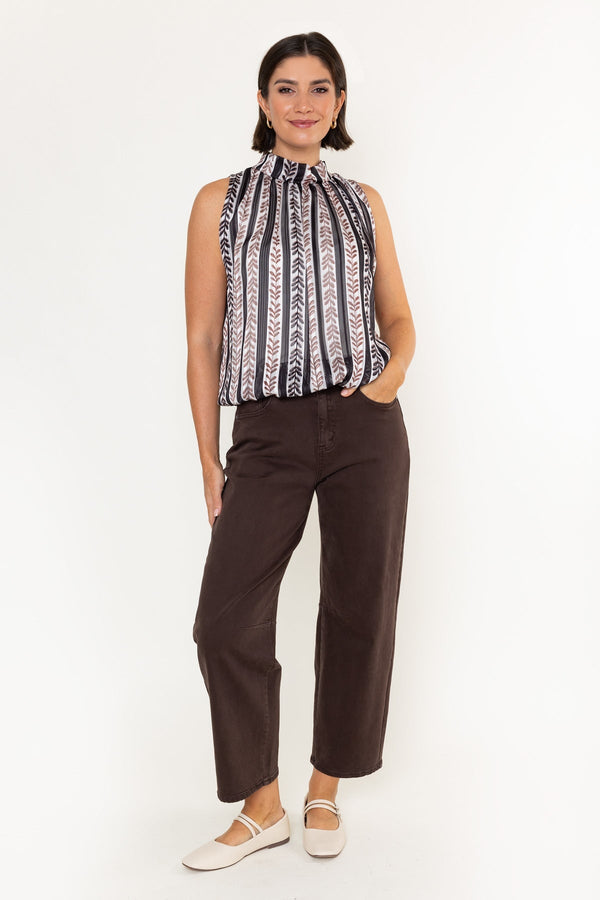 Carraig Donn Black & Beige Print Chiffon Balloon Hem High Neck Sleeveless Top