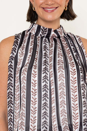 Carraig Donn Black & Beige Print Chiffon Balloon Hem High Neck Sleeveless Top