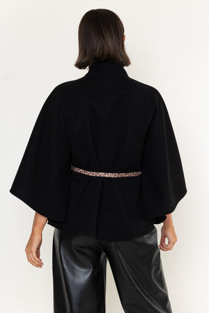 Carraig Donn Black Belted High Neck 3/4 Sleeve Cape Jacket