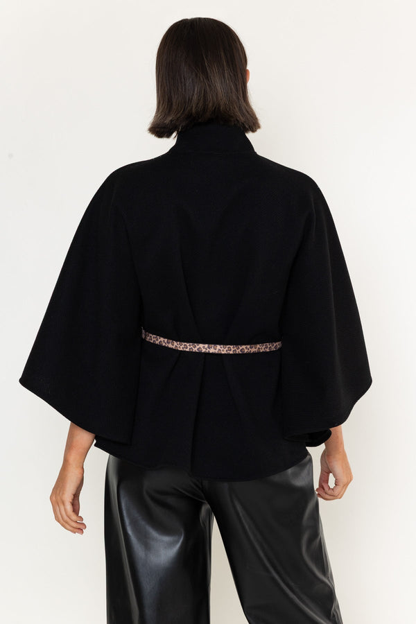 Carraig Donn Black Belted High Neck 3/4 Sleeve Cape Jacket