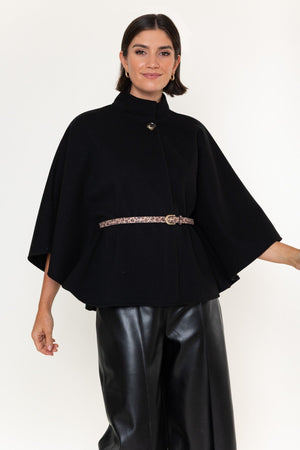Carraig Donn Black Belted High Neck 3/4 Sleeve Cape Jacket