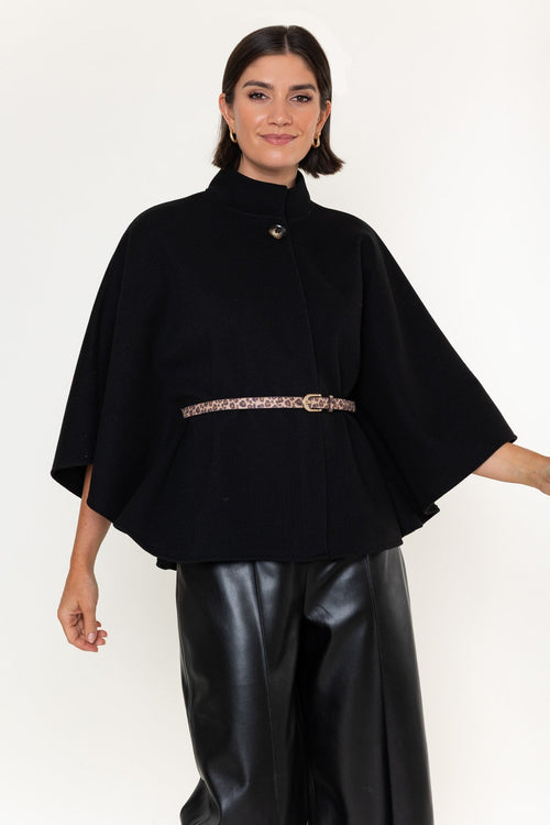 Black Belted High Neck 3/4 Sleeve Cape Jacket