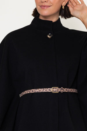 Carraig Donn Black Belted High Neck 3/4 Sleeve Cape Jacket