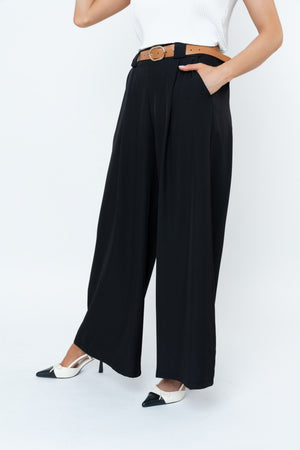 Carraig Donn Black Belted Wide Leg Trousers