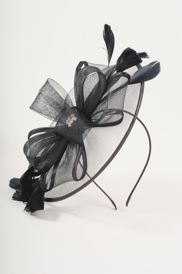 Carraig Donn Black Bow & Feather Large Disc Fascinator Headband