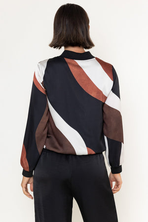 Carraig Donn Black & Brown Abstract Print Sateen Lurex Trim Long Sleeve Bomber Jacket
