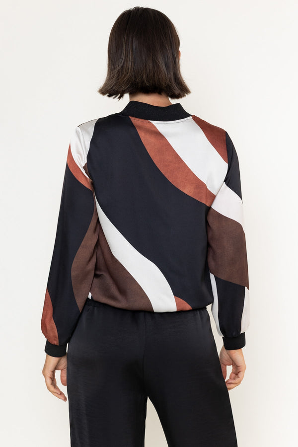 Carraig Donn Black & Brown Abstract Print Sateen Lurex Trim Long Sleeve Bomber Jacket