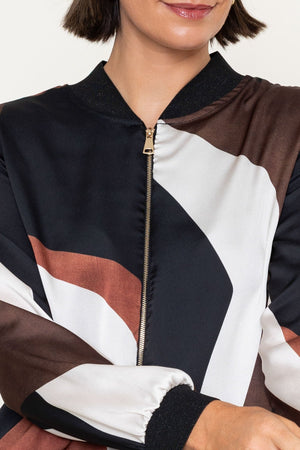 Carraig Donn Black & Brown Abstract Print Sateen Lurex Trim Long Sleeve Bomber Jacket