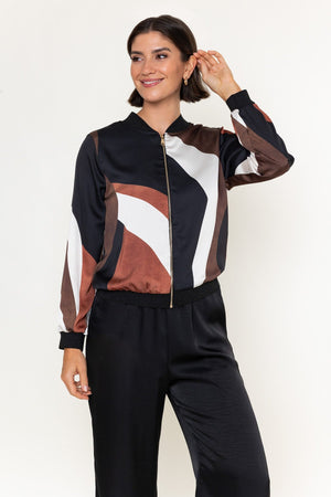 Carraig Donn Black & Brown Abstract Print Sateen Lurex Trim Long Sleeve Bomber Jacket