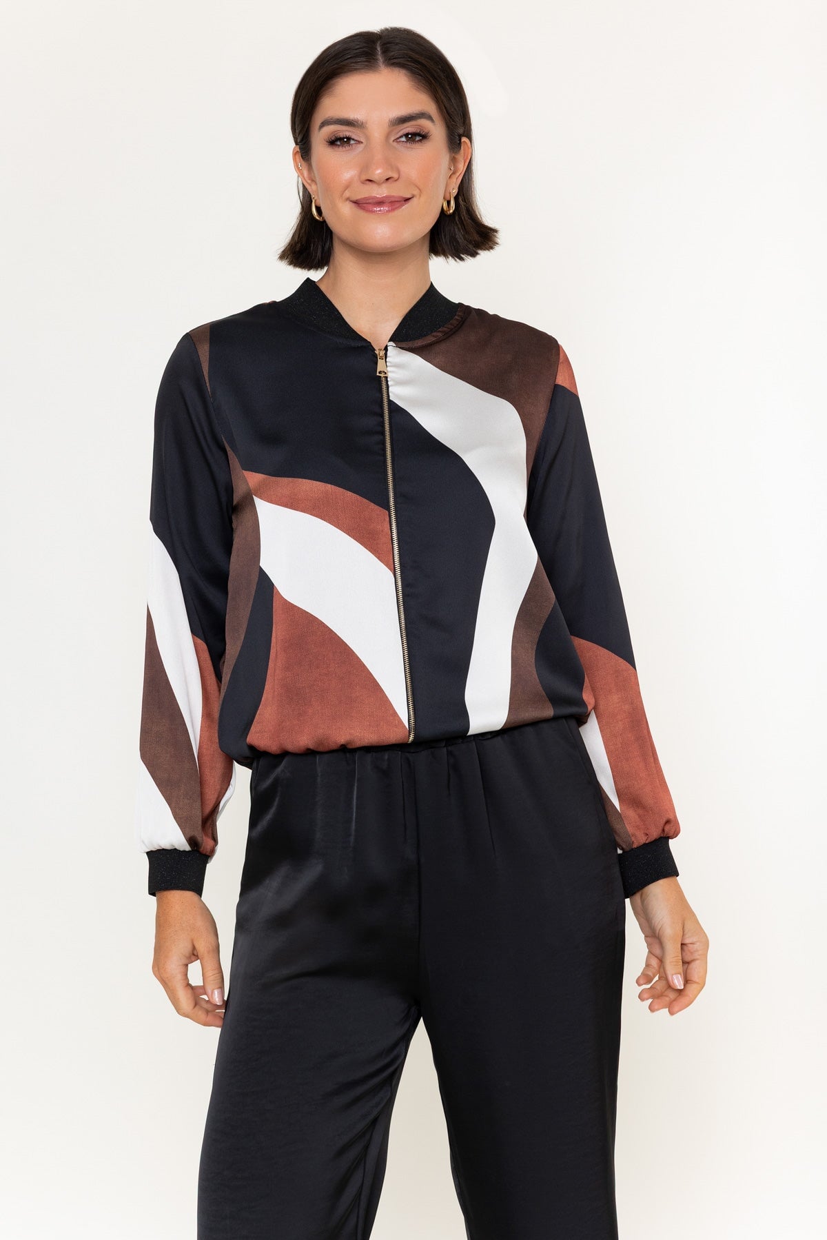 Black & Brown Abstract Print Sateen Lurex Trim Long Sleeve Bomber Jacket