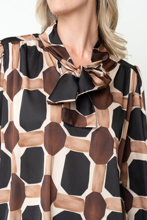 Carraig Donn Black & Brown Print Pussybow Long Sleeve Blouse