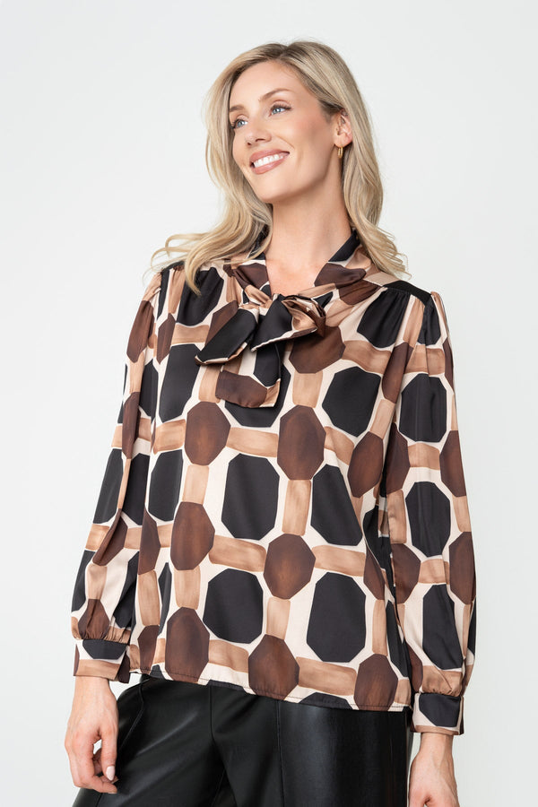 Carraig Donn Black & Brown Print Pussybow Long Sleeve Blouse