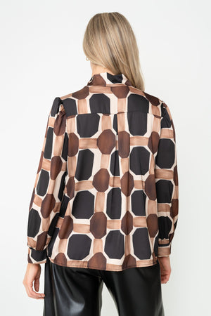 Carraig Donn Black & Brown Print Pussybow Long Sleeve Blouse