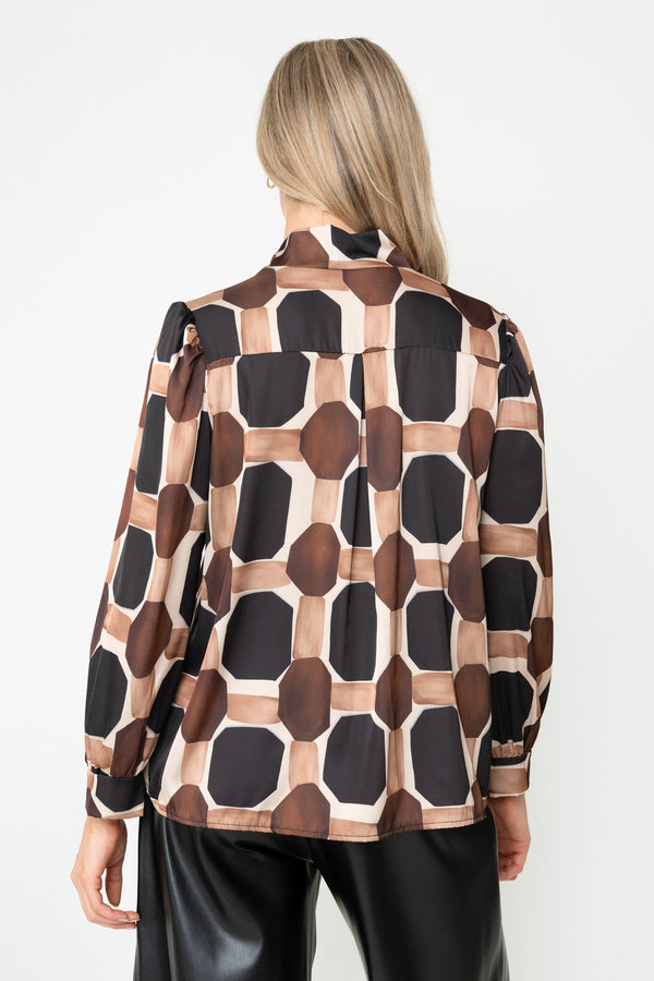 Carraig Donn Black & Brown Print Pussybow Long Sleeve Blouse