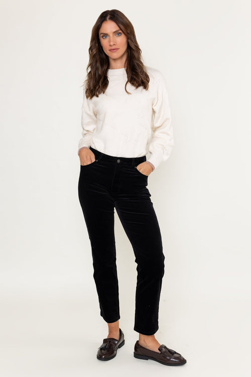 Black Corduroy Velvet Finish High Waist Straight Leg Trousers