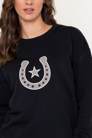 Carraig Donn Black Cotton Blend Lucky Horseshoe Embroidered Sweatshirt