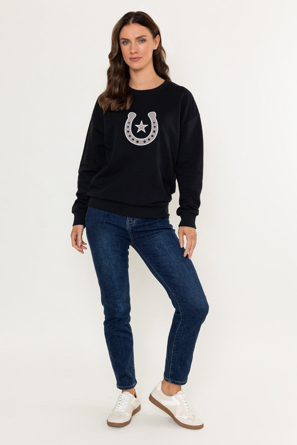 Carraig Donn Black Cotton Blend Lucky Horseshoe Embroidered Sweatshirt