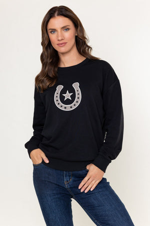 Carraig Donn Black Cotton Blend Lucky Horseshoe Embroidered Sweatshirt