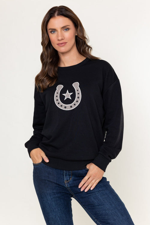 Black Cotton Blend Lucky Horseshoe Embroidered Sweatshirt