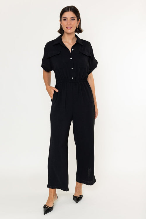 Black Crinkle Button Up Short Sleeve Jumpsuit