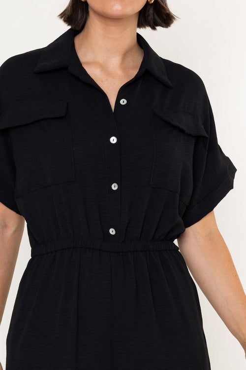 Carraig Donn Black Crinkle Button Up Short Sleeve Jumpsuit
