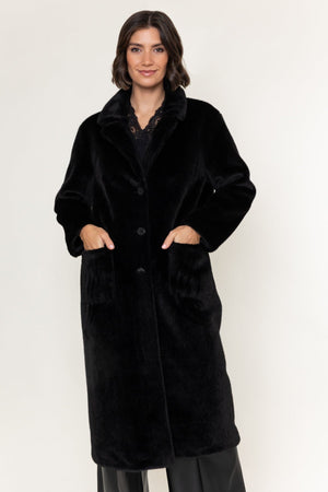 Carraig Donn Black Faux Fur Button Longline Coat