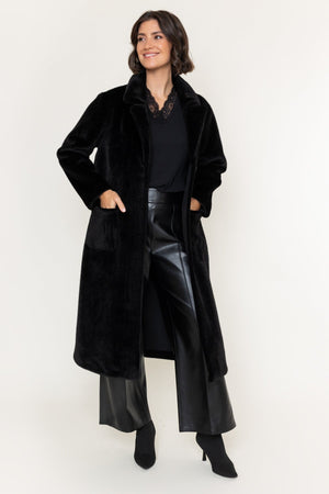 Carraig Donn Black Faux Fur Button Longline Coat