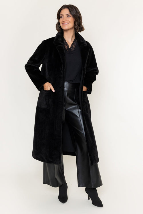 Black Faux Fur Button Longline Coat