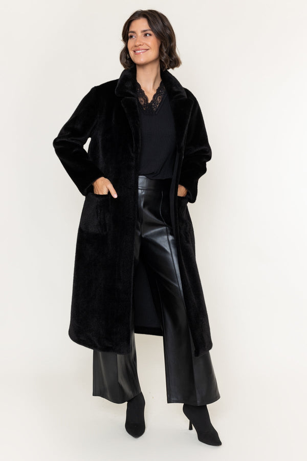 Carraig Donn Black Faux Fur Button Longline Coat