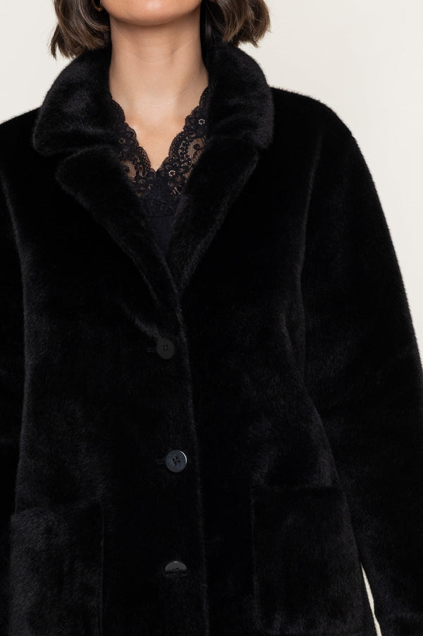 Carraig Donn Black Faux Fur Button Longline Coat