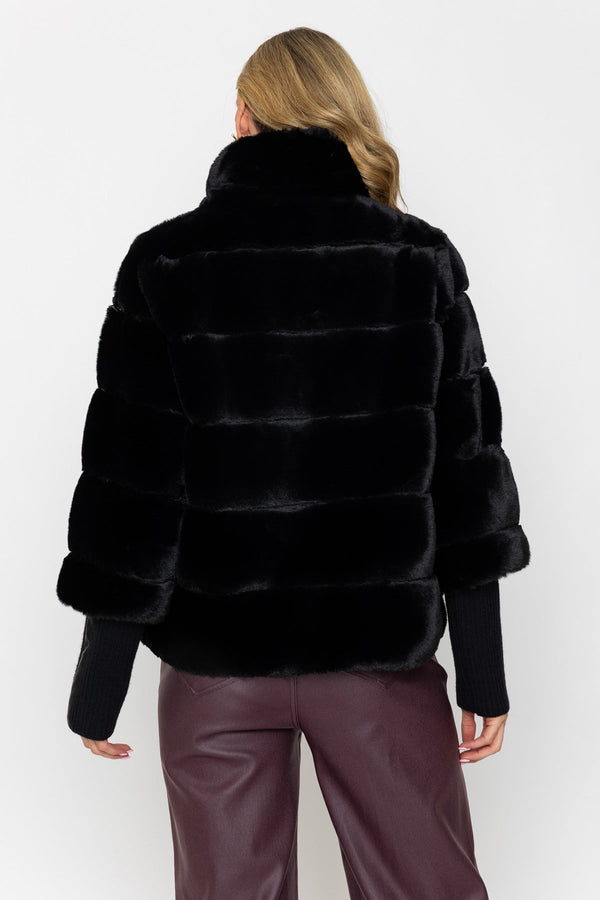 Carraig Donn Black Faux Fur Ribbed Cuff Button Short Jacket