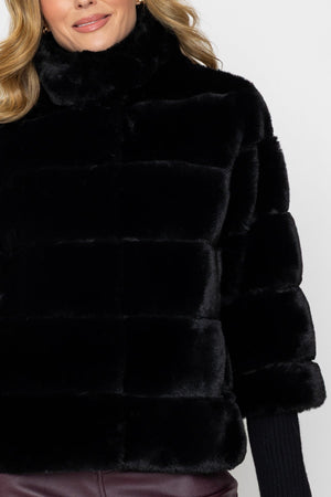 Carraig Donn Black Faux Fur Ribbed Cuff Button Short Jacket