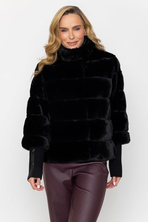 Carraig Donn Black Faux Fur Ribbed Cuff Button Short Jacket