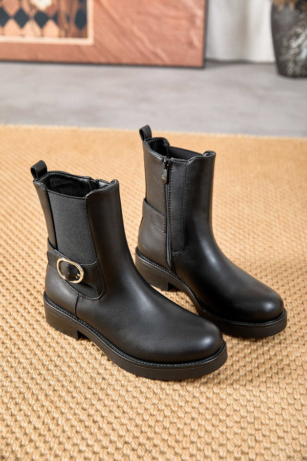 Carraig Donn Black Faux Leather Buckle Detail Chelsea Ankle Boots