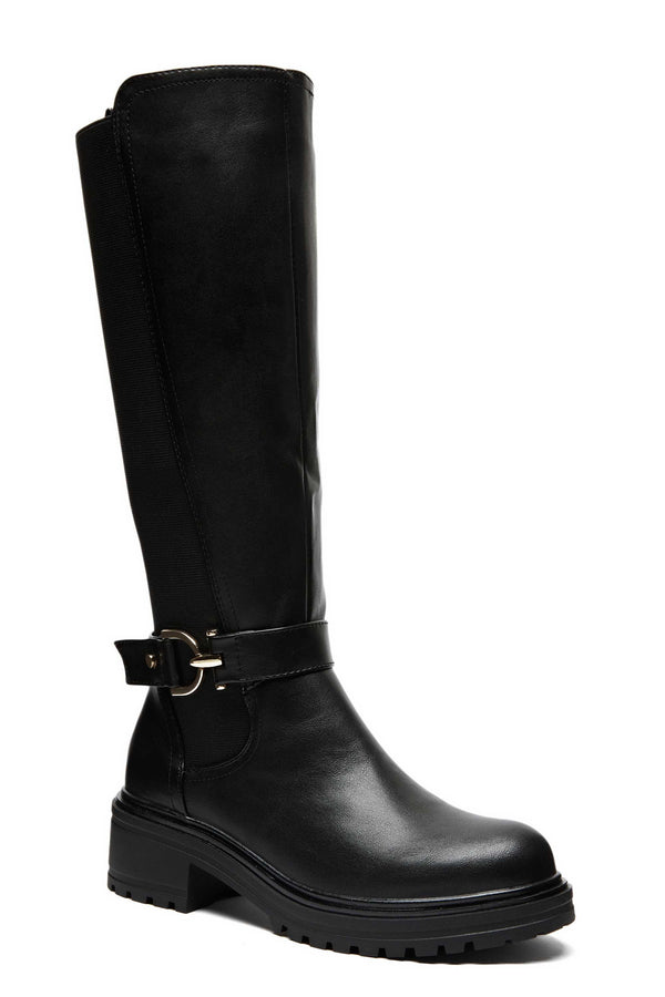 Carraig Donn Black Faux Leather Buckle Detail Knee High Boots