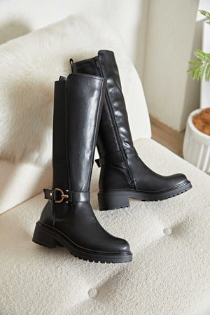 Carraig Donn Black Faux Leather Buckle Detail Knee High Boots