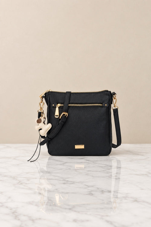 Black Faux Leather Dog Bag Charm Crossbody Bag