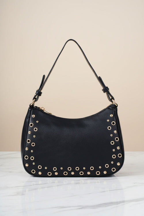 Black Faux Leather Eyelet & Stud Shoulder Bag