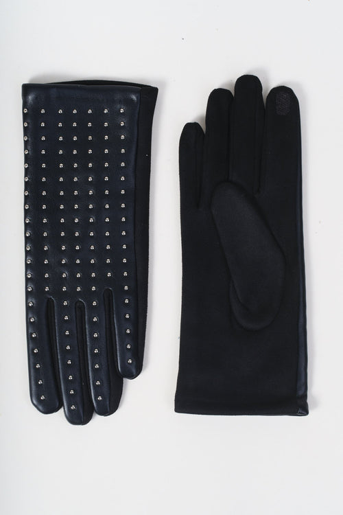 Black Faux Leather Front Silver Stud Detail Gloves