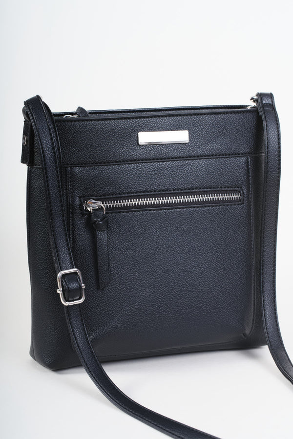 Carraig Donn Black Faux Leather Front Zip Pocket Classic Crossbody Bag