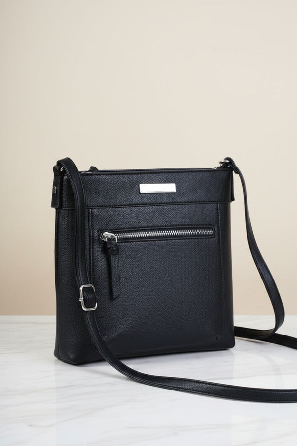 Carraig Donn Black Faux Leather Front Zip Pocket Classic Crossbody Bag