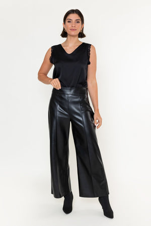 Carraig Donn Black Faux Leather High Waisted Wide Leg Trousers