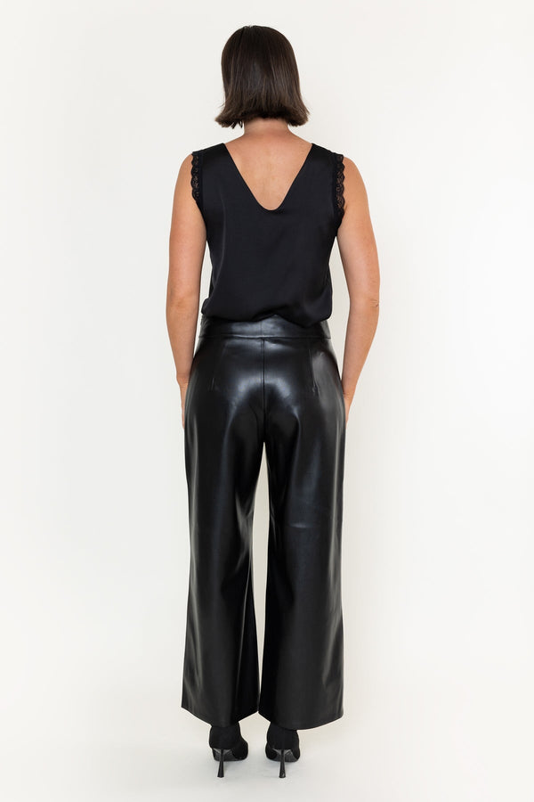 Carraig Donn Black Faux Leather High Waisted Wide Leg Trousers