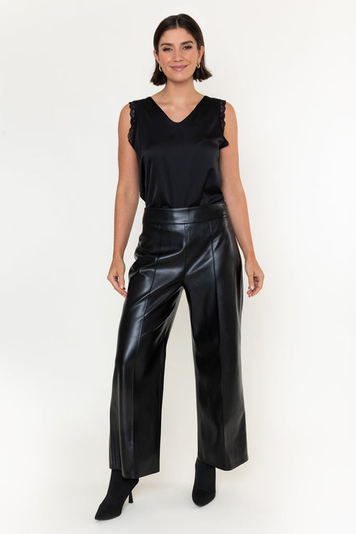 Carraig Donn Black Faux Leather High Waisted Wide Leg Trousers