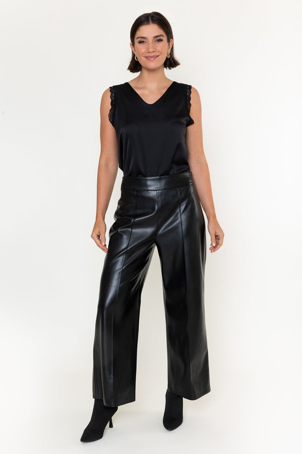 Carraig Donn Black Faux Leather High Waisted Wide Leg Trousers