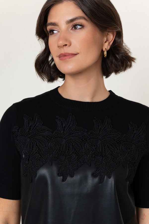 Carraig Donn Black Faux Leather Knit Lace Applique Short Sleeve Knee Length Shift Dress