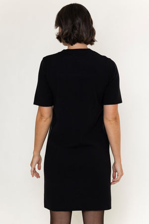 Carraig Donn Black Faux Leather Knit Lace Applique Short Sleeve Knee Length Shift Dress